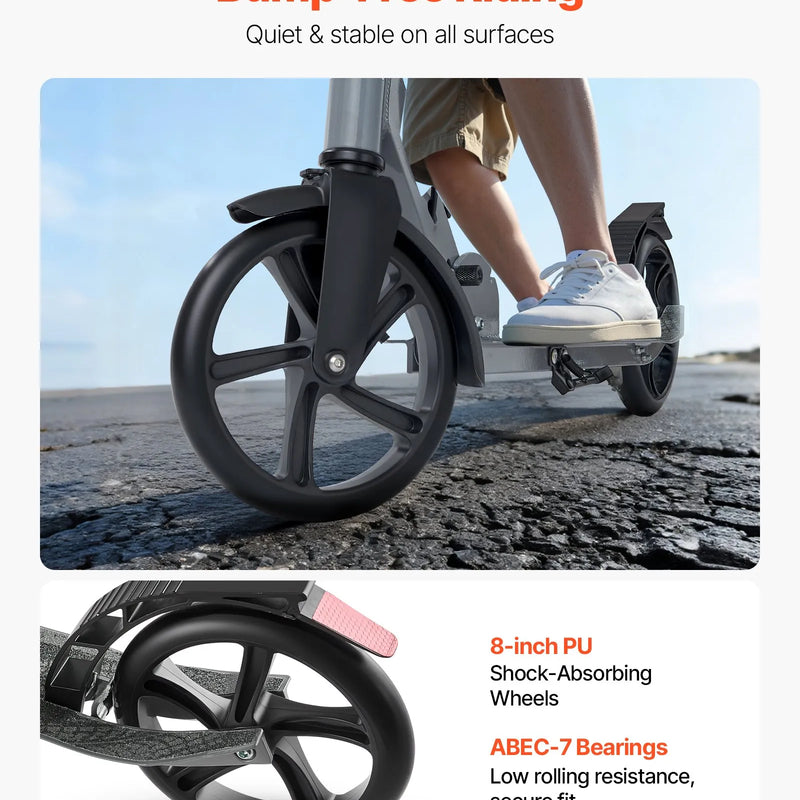 VEVOR divriteņu skrejritenis bērniem no 8 gadu vecuma, pusaudžiem un pieaugušajiem ar regulējamu stūres augstumu, platu pretslīdes platformu, salokāmu un vieglu rāmi, kravnesība līdz 99,8 kg, pelēks