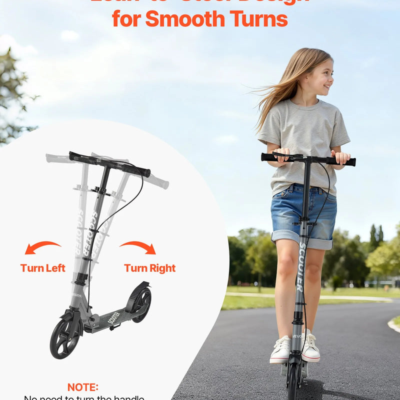 VEVOR divriteņu skrejritenis bērniem no 8 gadu vecuma, pusaudžiem un pieaugušajiem ar regulējamu stūres augstumu, platu pretslīdes platformu, salokāmu un vieglu rāmi, kravnesība līdz 99,8 kg, pelēks