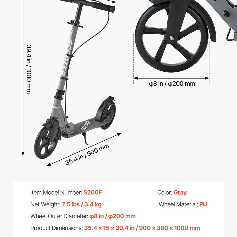 VEVOR divriteņu skrejritenis bērniem no 8 gadu vecuma, pusaudžiem un pieaugušajiem ar regulējamu stūres augstumu, platu pretslīdes platformu, salokāmu un vieglu rāmi, kravnesība līdz 99,8 kg, pelēks