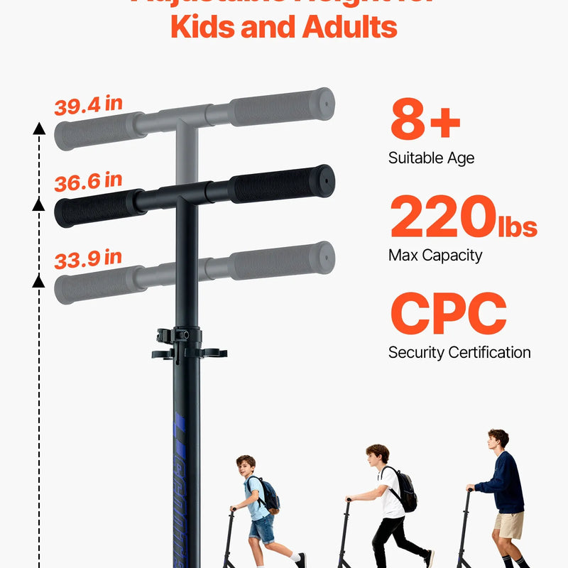 VEVOR divriteņu skrejritenis bērniem no 8 gadu vecuma, pusaudžiem un pieaugušajiem ar regulējamu stūres augstumu, platu pretslīdes platformu, salokāms un viegls, kravnesība līdz 99,8 kg, melns/violets