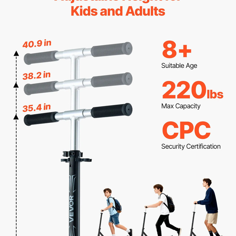 VEVOR divriteņu skrejritenis bērniem no 8+, pusaudžiem un pieaugušajiem, ar regulējamu stūres augstumu, platu pretslīdes platformu, salokāmu vieglu rāmi, kravnesība līdz 99,8 kg, melns.