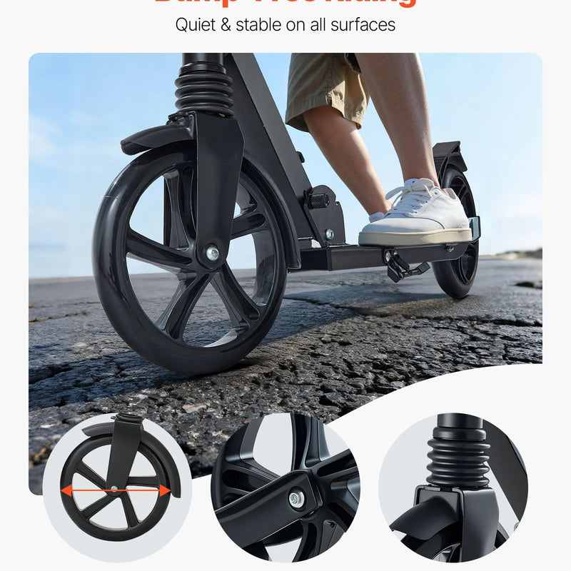 VEVOR divriteņu skrejritenis bērniem no 8+, pusaudžiem un pieaugušajiem, ar regulējamu stūres augstumu, platu pretslīdes platformu, salokāmu vieglu rāmi, kravnesība līdz 99,8 kg, melns.