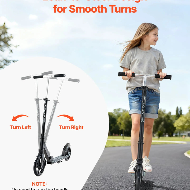 VEVOR divriteņu skrejritenis bērniem no 8+, pusaudžiem un pieaugušajiem, ar regulējamu stūres augstumu, platu pretslīdes platformu, salokāmu vieglu rāmi, kravnesība līdz 99,8 kg, melns.