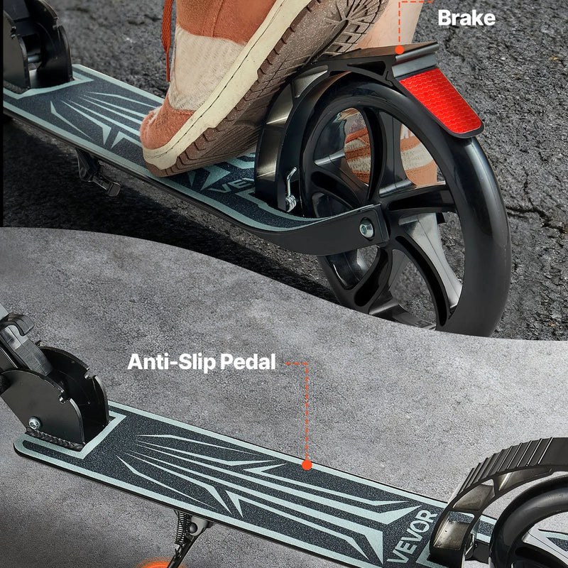 VEVOR divriteņu skrejritenis bērniem no 8+, pusaudžiem un pieaugušajiem, ar regulējamu stūres augstumu, platu pretslīdes platformu, salokāmu vieglu rāmi, kravnesība līdz 99,8 kg, melns.