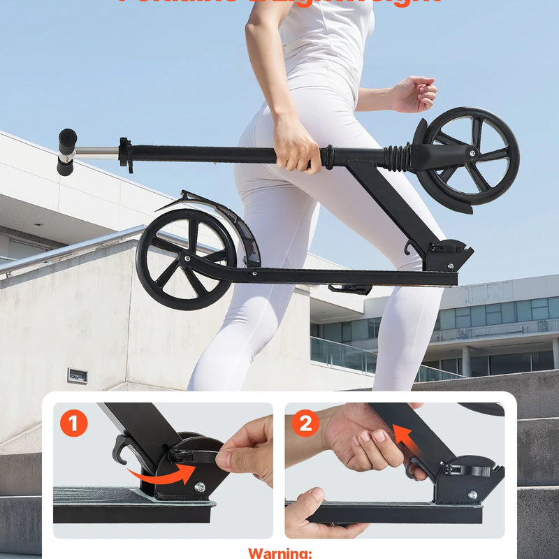 VEVOR divriteņu skrejritenis bērniem no 8+, pusaudžiem un pieaugušajiem, ar regulējamu stūres augstumu, platu pretslīdes platformu, salokāmu vieglu rāmi, kravnesība līdz 99,8 kg, melns.