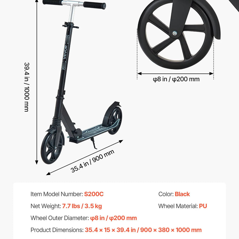VEVOR divriteņu skrejritenis bērniem no 8+, pusaudžiem un pieaugušajiem, ar regulējamu stūres augstumu, platu pretslīdes platformu, salokāmu vieglu rāmi, kravnesība līdz 99,8 kg, melns.