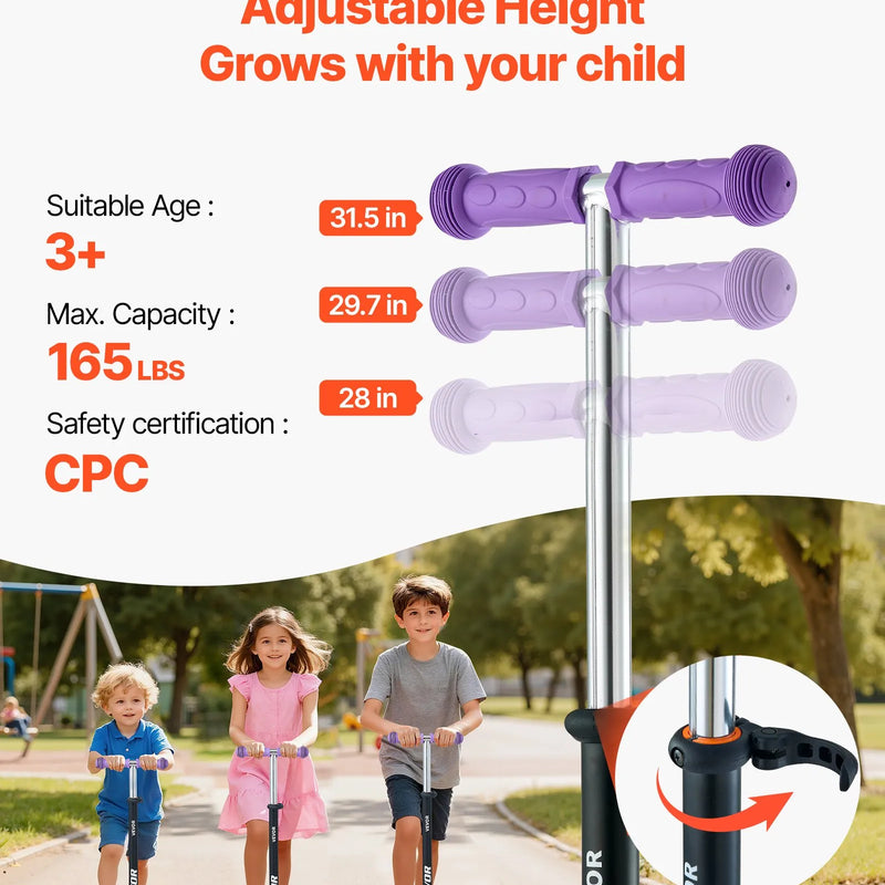 VEVOR trīsriteņu skrejritenis bērniem no 3 gadu vecuma ar LED gaismas riteņiem, regulējamu stūres augstumu, platu pretslīdes platformu un vieglu alumīnija rāmi, kravnesība līdz 74,8 kg, violets