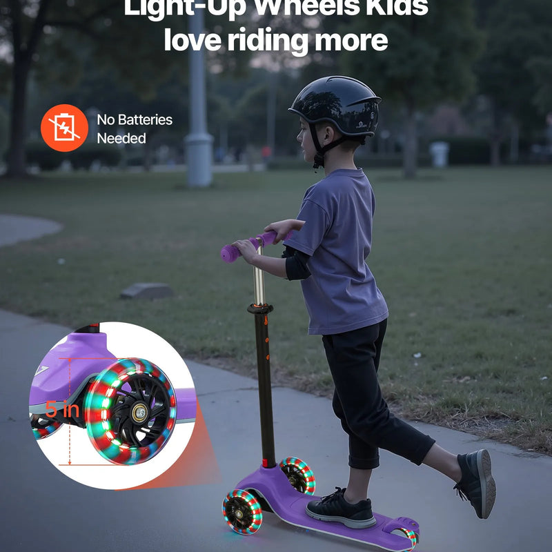 VEVOR trīsriteņu skrejritenis bērniem no 3 gadu vecuma ar LED gaismas riteņiem, regulējamu stūres augstumu, platu pretslīdes platformu un vieglu alumīnija rāmi, kravnesība līdz 74,8 kg, violets