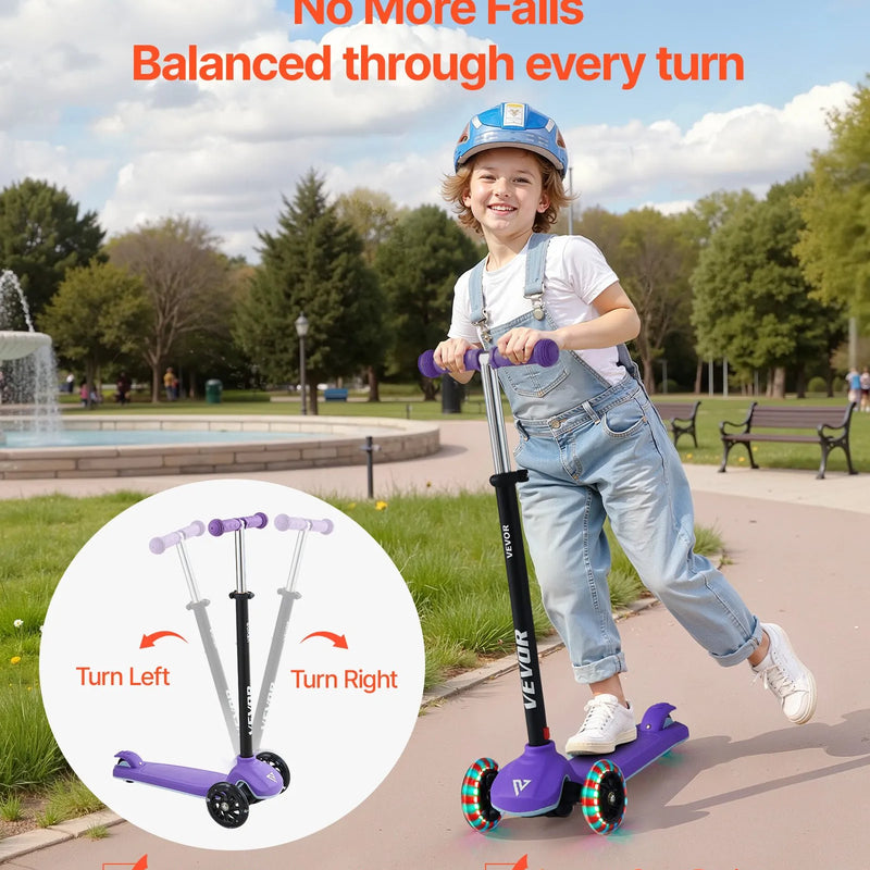 VEVOR trīsriteņu skrejritenis bērniem no 3 gadu vecuma ar LED gaismas riteņiem, regulējamu stūres augstumu, platu pretslīdes platformu un vieglu alumīnija rāmi, kravnesība līdz 74,8 kg, violets