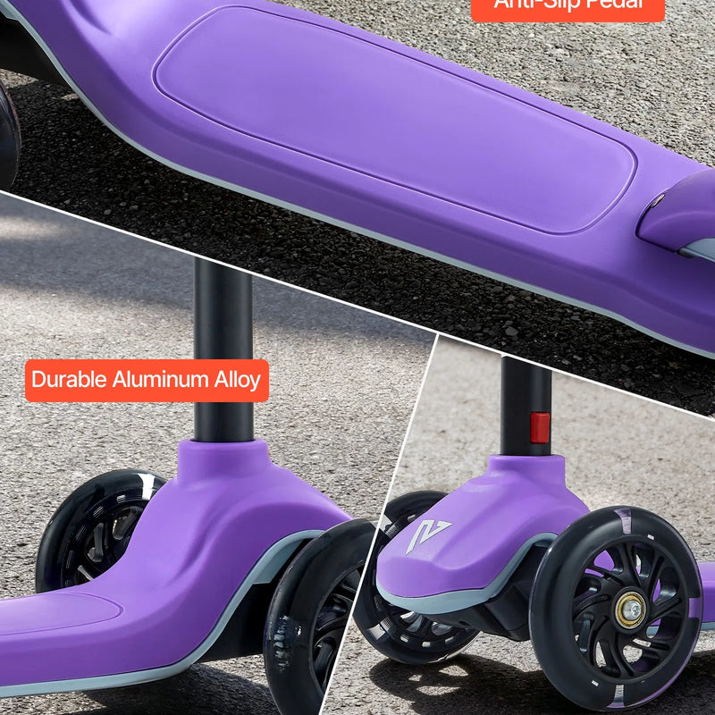 VEVOR trīsriteņu skrejritenis bērniem no 3 gadu vecuma ar LED gaismas riteņiem, regulējamu stūres augstumu, platu pretslīdes platformu un vieglu alumīnija rāmi, kravnesība līdz 74,8 kg, violets