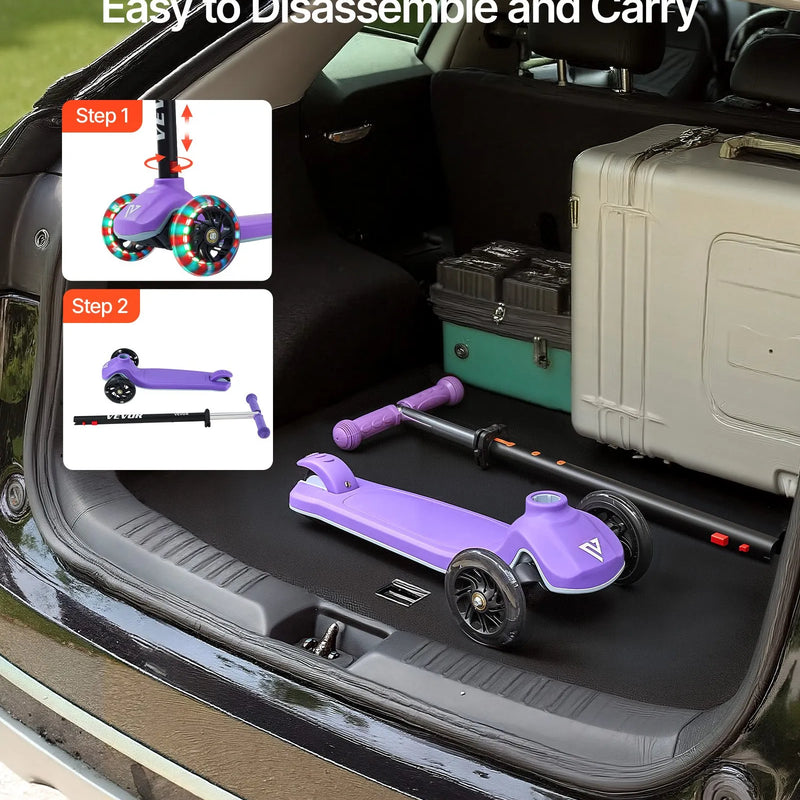 VEVOR trīsriteņu skrejritenis bērniem no 3 gadu vecuma ar LED gaismas riteņiem, regulējamu stūres augstumu, platu pretslīdes platformu un vieglu alumīnija rāmi, kravnesība līdz 74,8 kg, violets