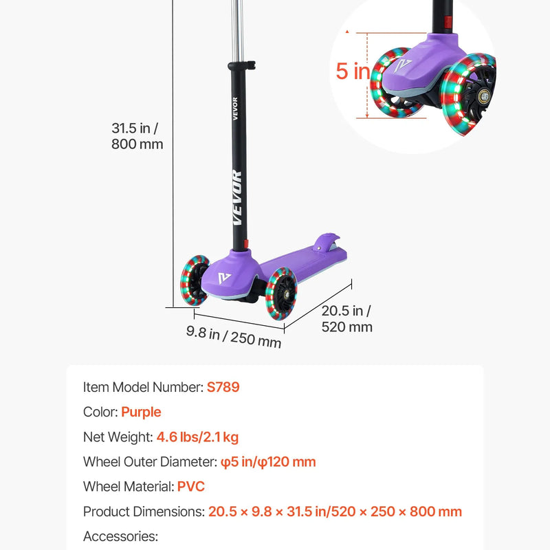 VEVOR trīsriteņu skrejritenis bērniem no 3 gadu vecuma ar LED gaismas riteņiem, regulējamu stūres augstumu, platu pretslīdes platformu un vieglu alumīnija rāmi, kravnesība līdz 74,8 kg, violets