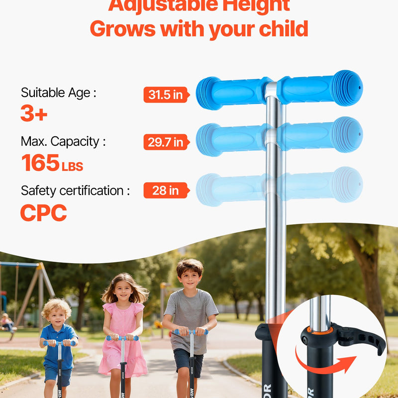 VEVOR trīsriteņu skrejritenis bērniem no 3 gadu vecuma ar LED gaismas riteņiem, regulējamu stūres augstumu, platu pretslīdes platformu un vieglu alumīnija rāmi, kravnesība līdz 74,8 kg, zils