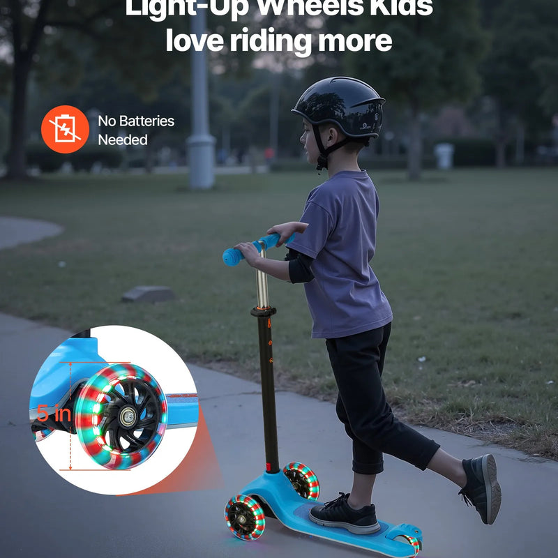 VEVOR trīsriteņu skrejritenis bērniem no 3 gadu vecuma ar LED gaismas riteņiem, regulējamu stūres augstumu, platu pretslīdes platformu un vieglu alumīnija rāmi, kravnesība līdz 74,8 kg, zils