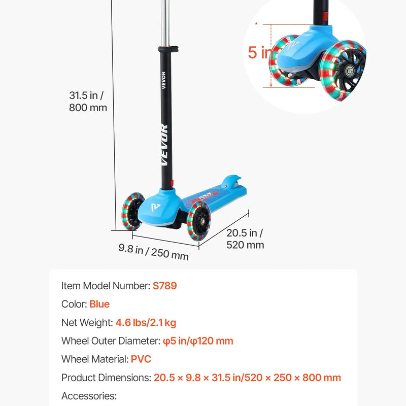 VEVOR trīsriteņu skrejritenis bērniem no 3 gadu vecuma ar LED gaismas riteņiem, regulējamu stūres augstumu, platu pretslīdes platformu un vieglu alumīnija rāmi, kravnesība līdz 74,8 kg, zils