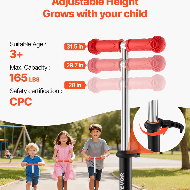 VEVOR trīsriteņu skrejritenis bērniem no 3 gadu vecuma ar LED gaismas riteņiem, regulējamu stūres augstumu, platu pretslīdes platformu un vieglu alumīnija rāmi, kravnesība līdz 74,8 kg, sarkans