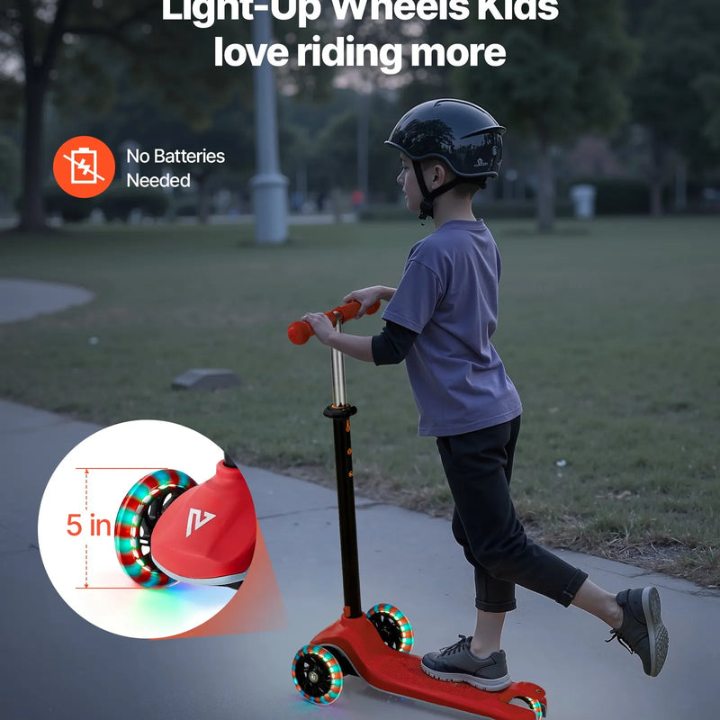 VEVOR trīsriteņu skrejritenis bērniem no 3 gadu vecuma ar LED gaismas riteņiem, regulējamu stūres augstumu, platu pretslīdes platformu un vieglu alumīnija rāmi, kravnesība līdz 74,8 kg, sarkans