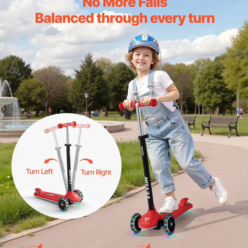 VEVOR trīsriteņu skrejritenis bērniem no 3 gadu vecuma ar LED gaismas riteņiem, regulējamu stūres augstumu, platu pretslīdes platformu un vieglu alumīnija rāmi, kravnesība līdz 74,8 kg, sarkans