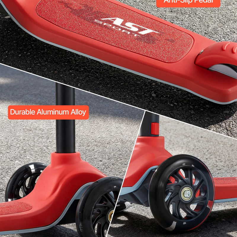 VEVOR trīsriteņu skrejritenis bērniem no 3 gadu vecuma ar LED gaismas riteņiem, regulējamu stūres augstumu, platu pretslīdes platformu un vieglu alumīnija rāmi, kravnesība līdz 74,8 kg, sarkans