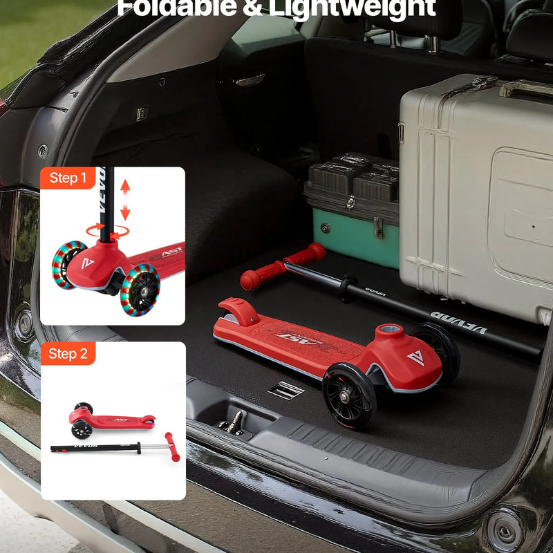 VEVOR trīsriteņu skrejritenis bērniem no 3 gadu vecuma ar LED gaismas riteņiem, regulējamu stūres augstumu, platu pretslīdes platformu un vieglu alumīnija rāmi, kravnesība līdz 74,8 kg, sarkans