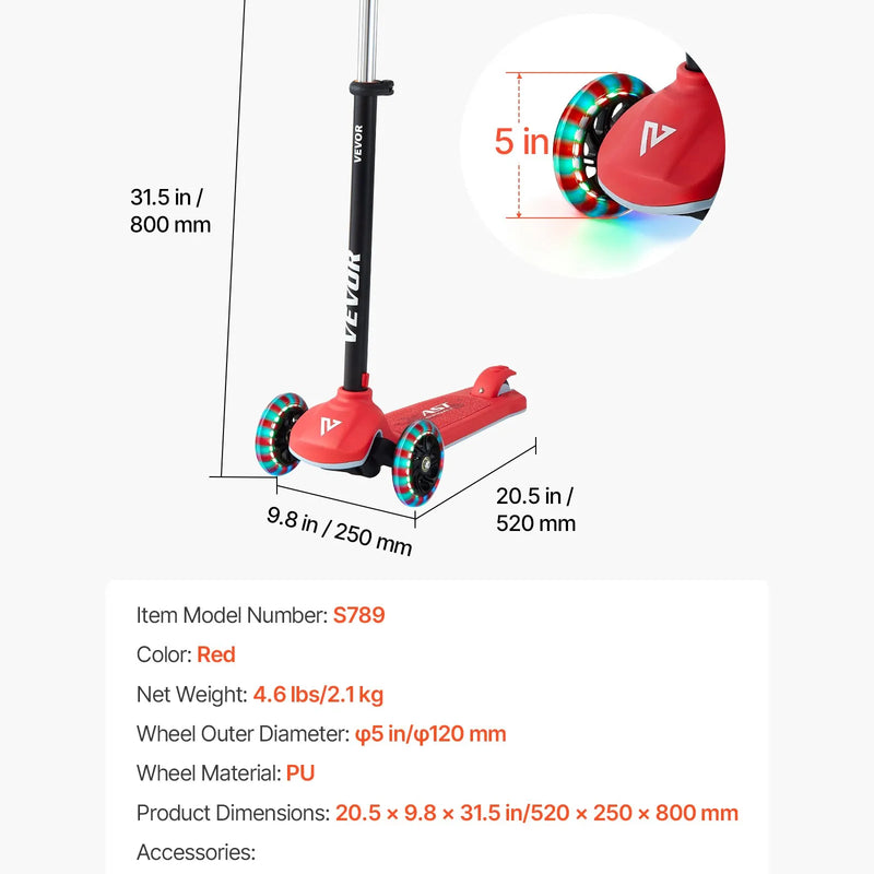 VEVOR trīsriteņu skrejritenis bērniem no 3 gadu vecuma ar LED gaismas riteņiem, regulējamu stūres augstumu, platu pretslīdes platformu un vieglu alumīnija rāmi, kravnesība līdz 74,8 kg, sarkans