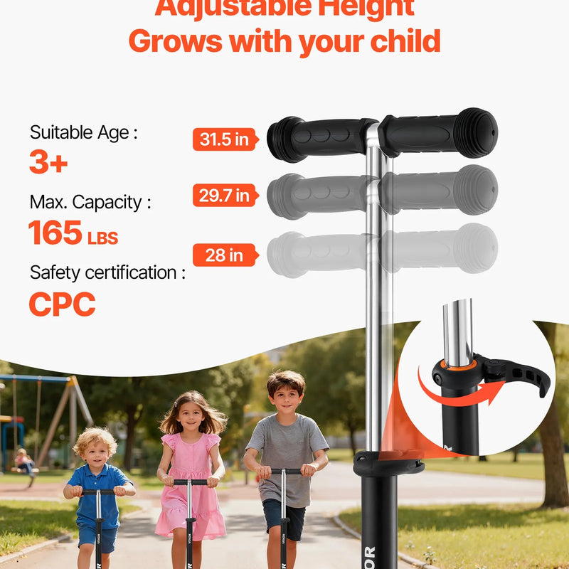 VEVOR trīsriteņu skrejritenis bērniem no 3 gadu vecuma ar LED gaismas riteņiem, regulējamu stūres augstumu, platu pretslīdes platformu un vieglu alumīnija rāmi, kravnesība līdz 74,8 kg, melns