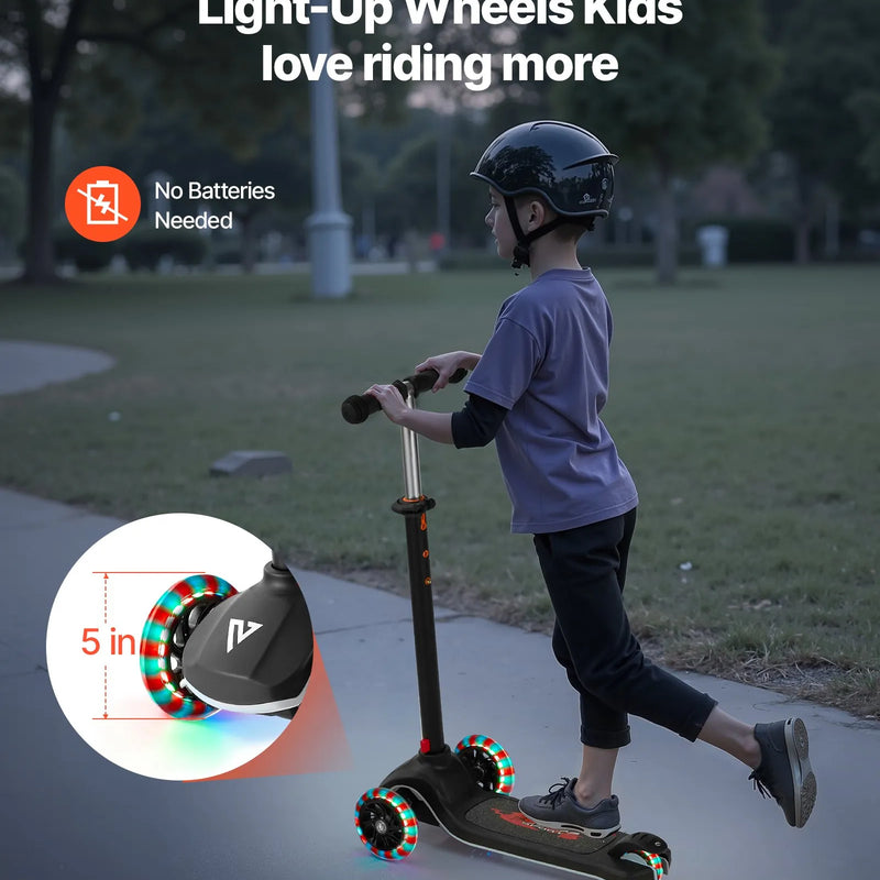 VEVOR trīsriteņu skrejritenis bērniem no 3 gadu vecuma ar LED gaismas riteņiem, regulējamu stūres augstumu, platu pretslīdes platformu un vieglu alumīnija rāmi, kravnesība līdz 74,8 kg, melns