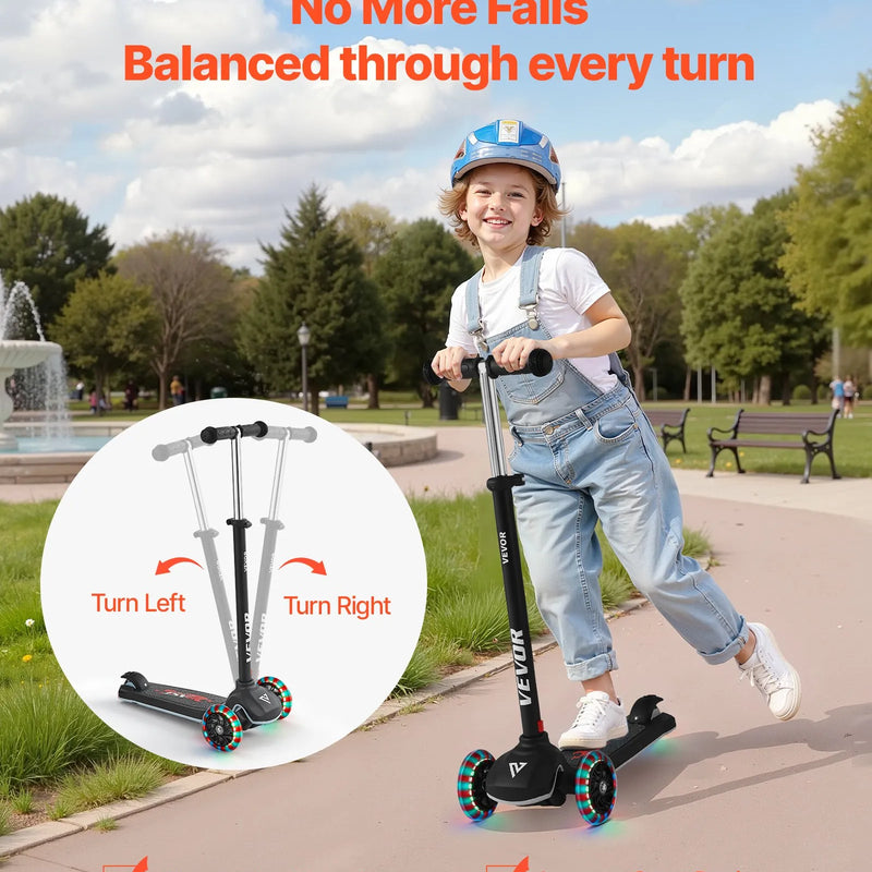 VEVOR trīsriteņu skrejritenis bērniem no 3 gadu vecuma ar LED gaismas riteņiem, regulējamu stūres augstumu, platu pretslīdes platformu un vieglu alumīnija rāmi, kravnesība līdz 74,8 kg, melns