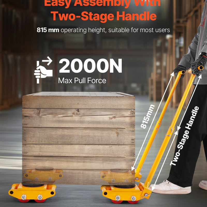 VEVOR mašīnu pārvietošanas platforma 6000 kg ar 360° rotējošu balstu un PU virziena rullīšiem, industriālais aprīkojums, dzeltens - ZEMLETES.LV