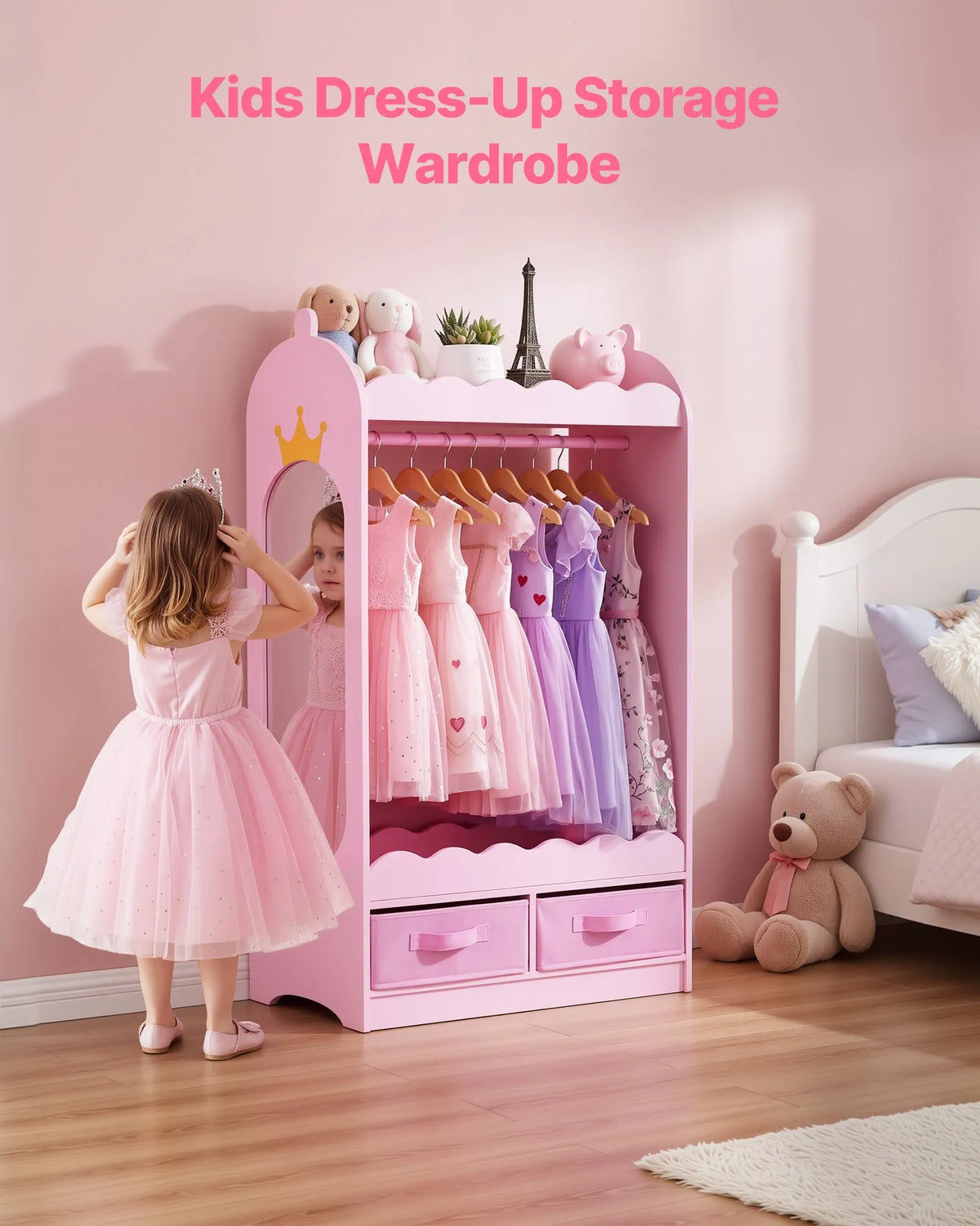 VEVOR Children's Costume Wardrobe with Mirror, Drawer and Hanging Rail, Pink