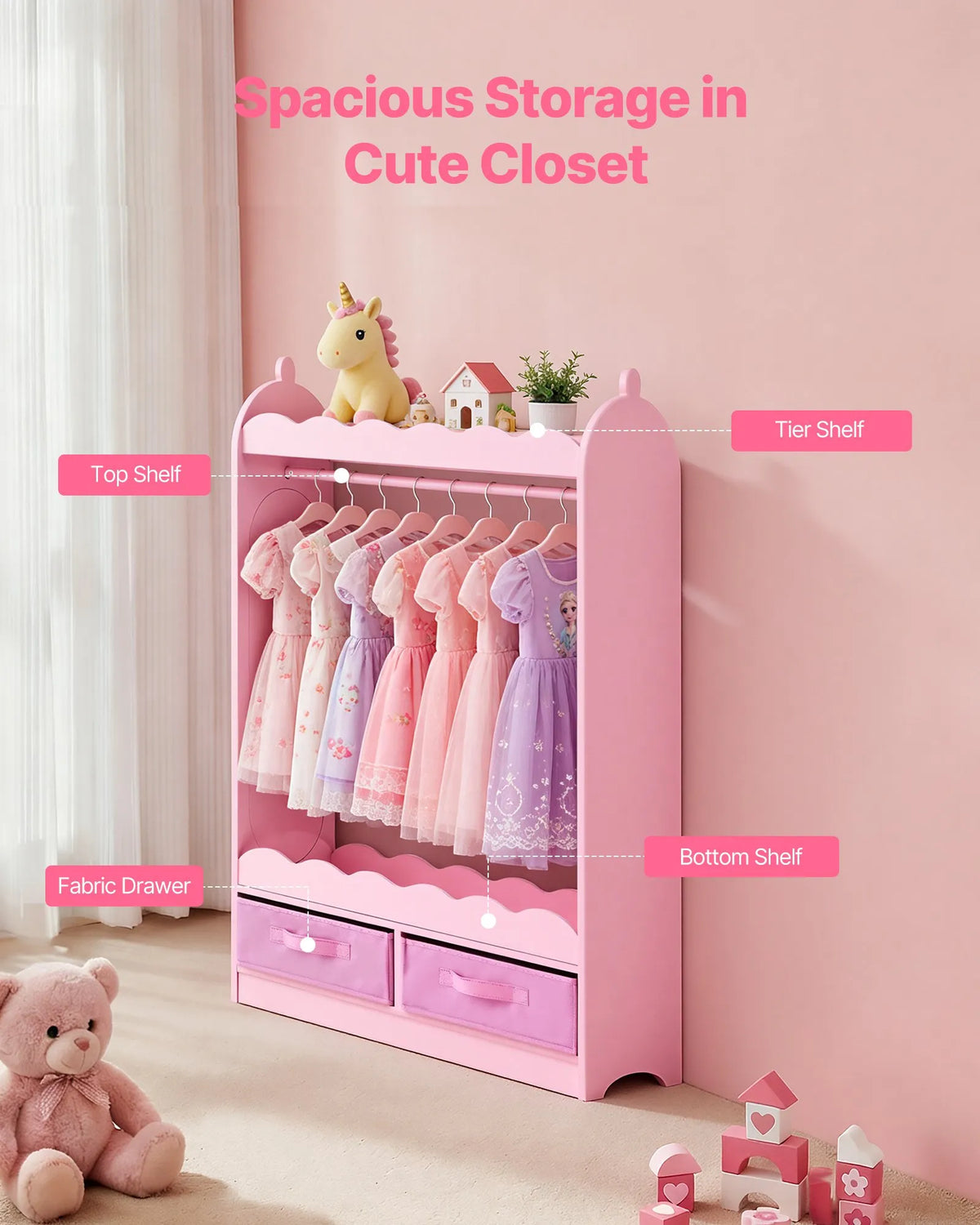 VEVOR Children's Costume Wardrobe with Mirror, Drawer and Hanging Rail, Pink
