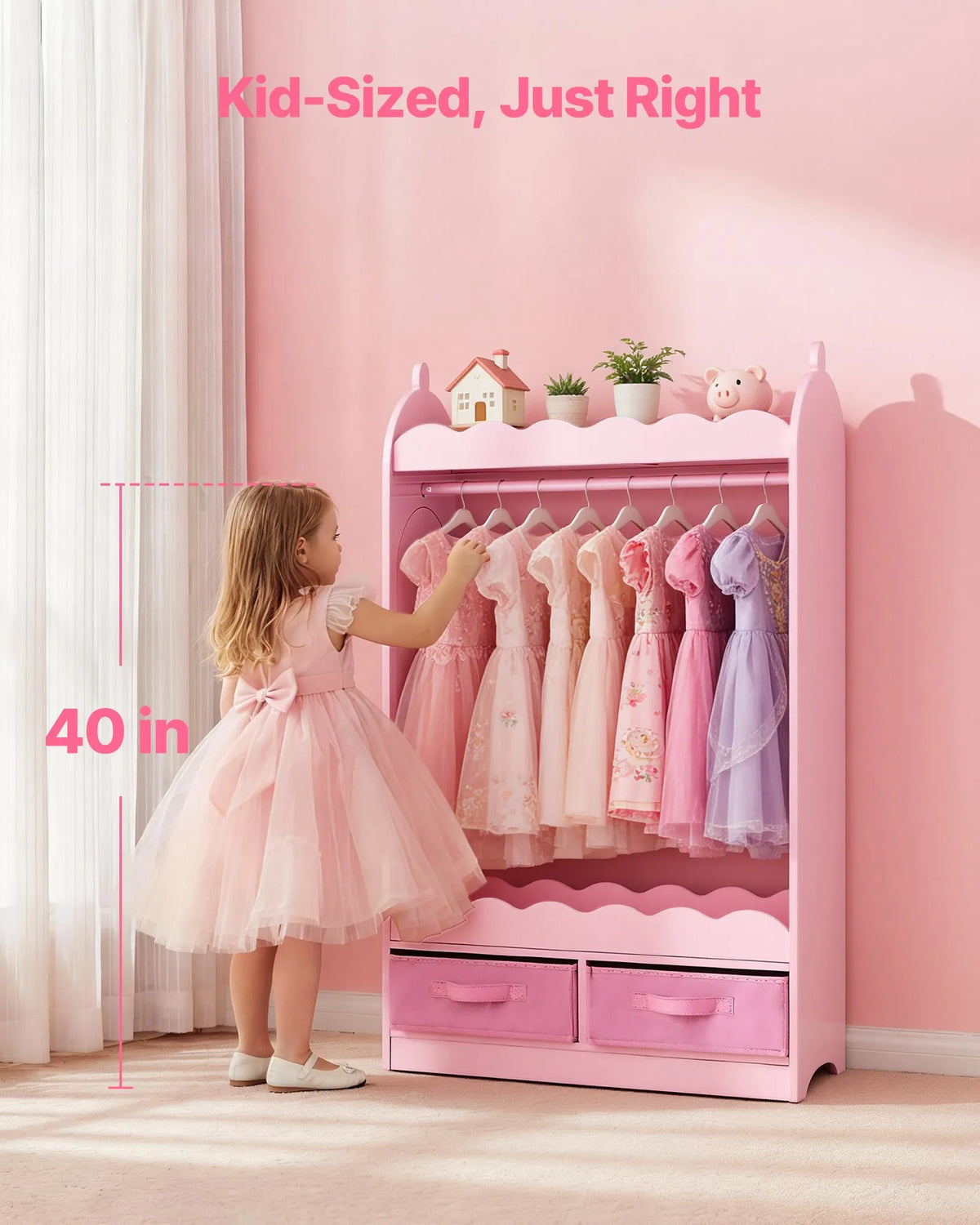 VEVOR Children's Costume Wardrobe with Mirror, Drawer and Hanging Rail, Pink