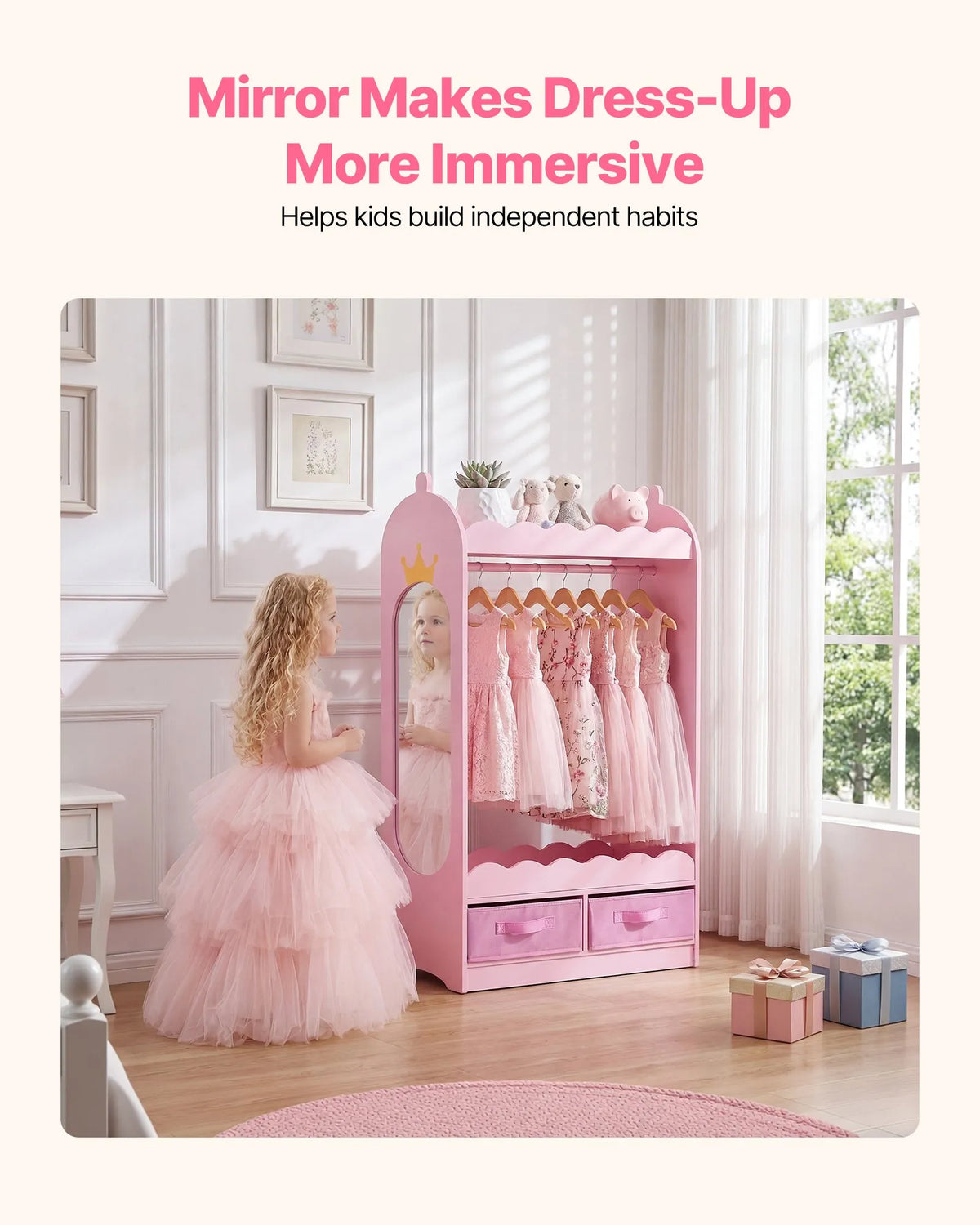 VEVOR Children's Costume Wardrobe with Mirror, Drawer and Hanging Rail, Pink