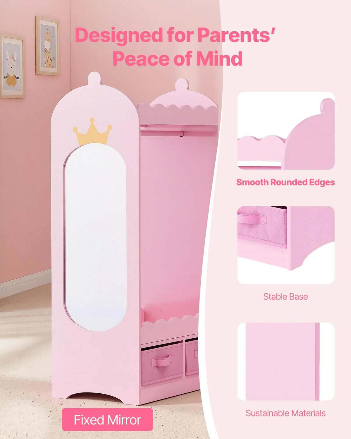 VEVOR Children's Costume Wardrobe with Mirror, Drawer and Hanging Rail, Pink