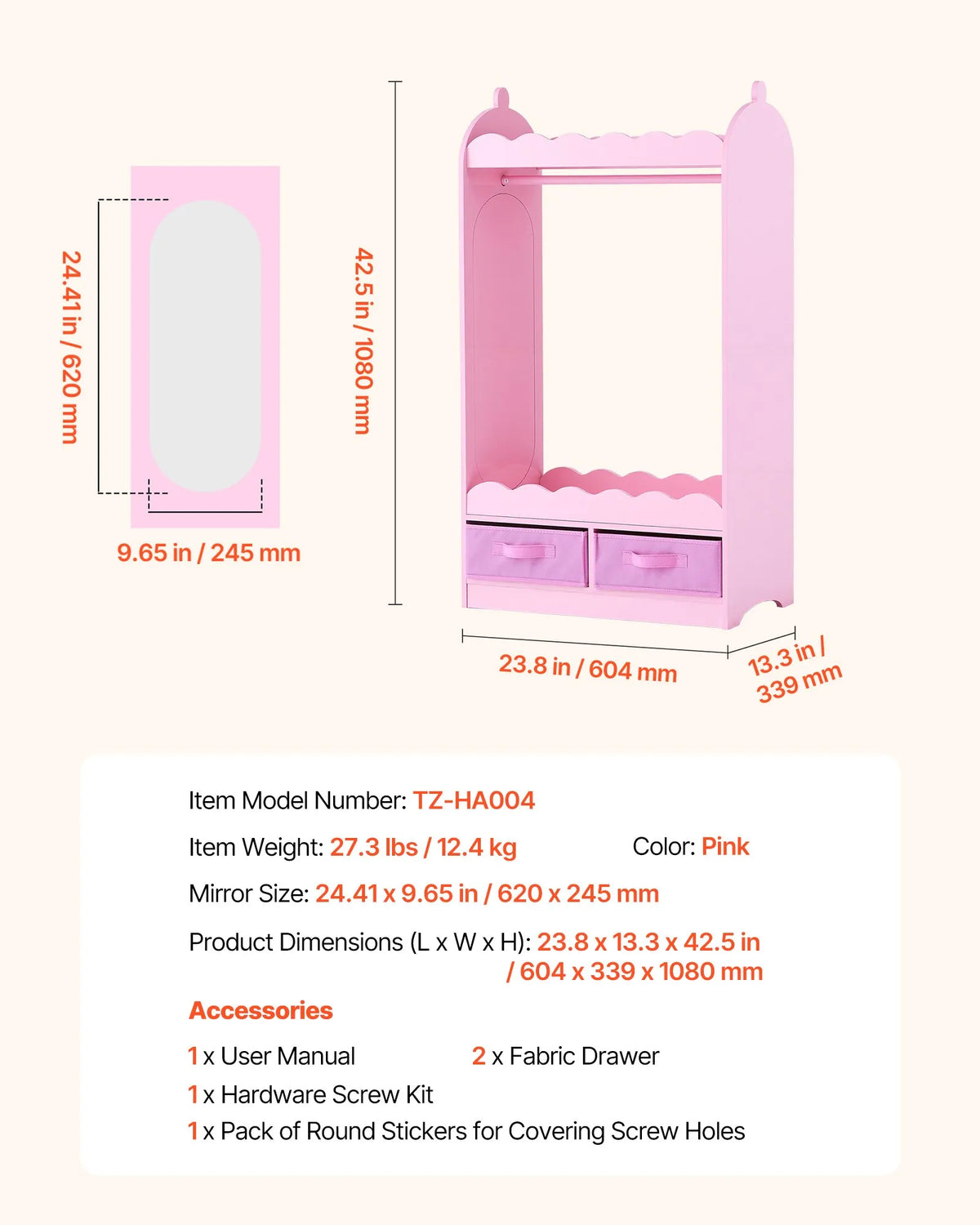 VEVOR Children's Costume Wardrobe with Mirror, Drawer and Hanging Rail, Pink