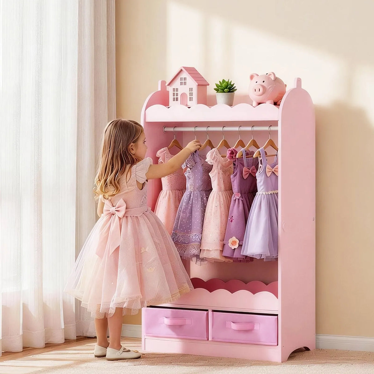 VEVOR Children's Costume Wardrobe with Mirror, Drawer and Hanging Rail, Pink
