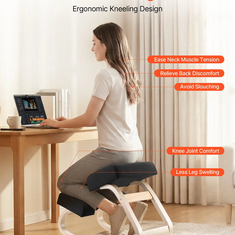 VEVOR ergonomiskais ceļgalu krēsls, koka stājas krēsls ar bieziem putu polsteriem un masīvkoka rāmi, regulējams augstums, komfortablai sēdēšanai un muguras vai kakla slodzes mazināšanai, mājām, birojam un meditācijai