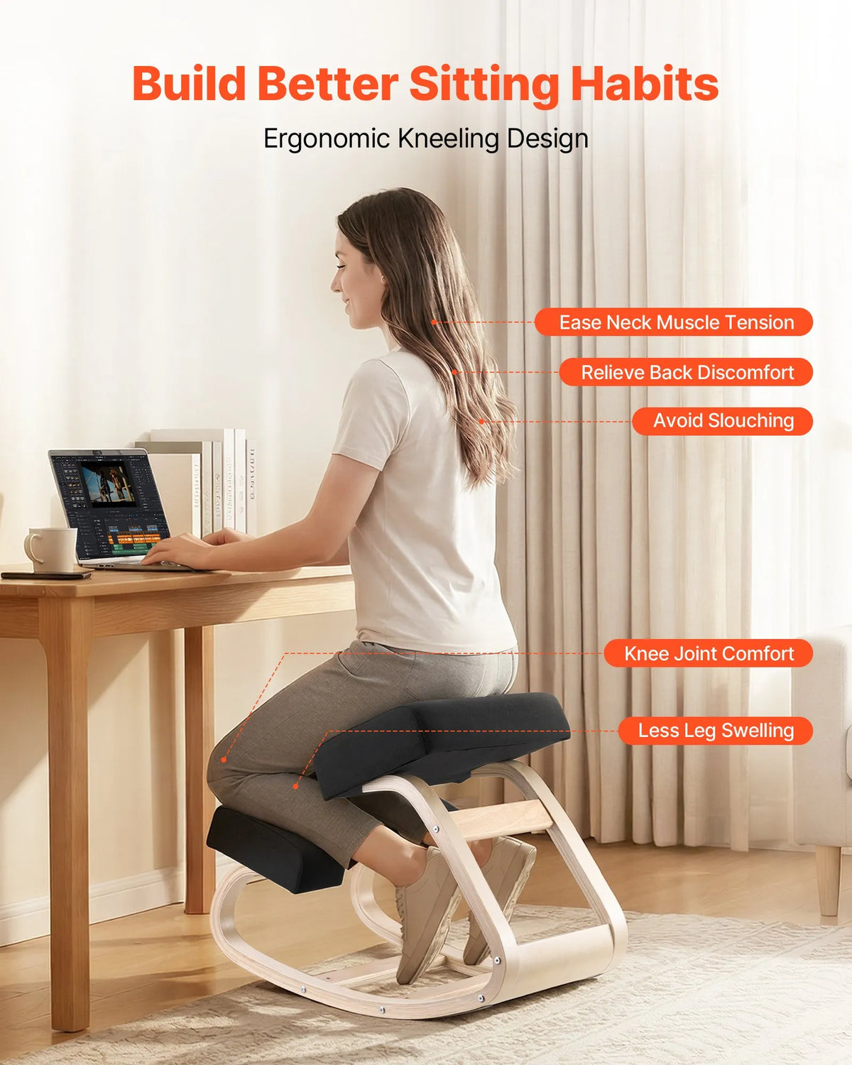 VEVOR Ergonomic Kneeling Chair with Solid Wood Frame and Thick Foam Padding, Adjustable Height