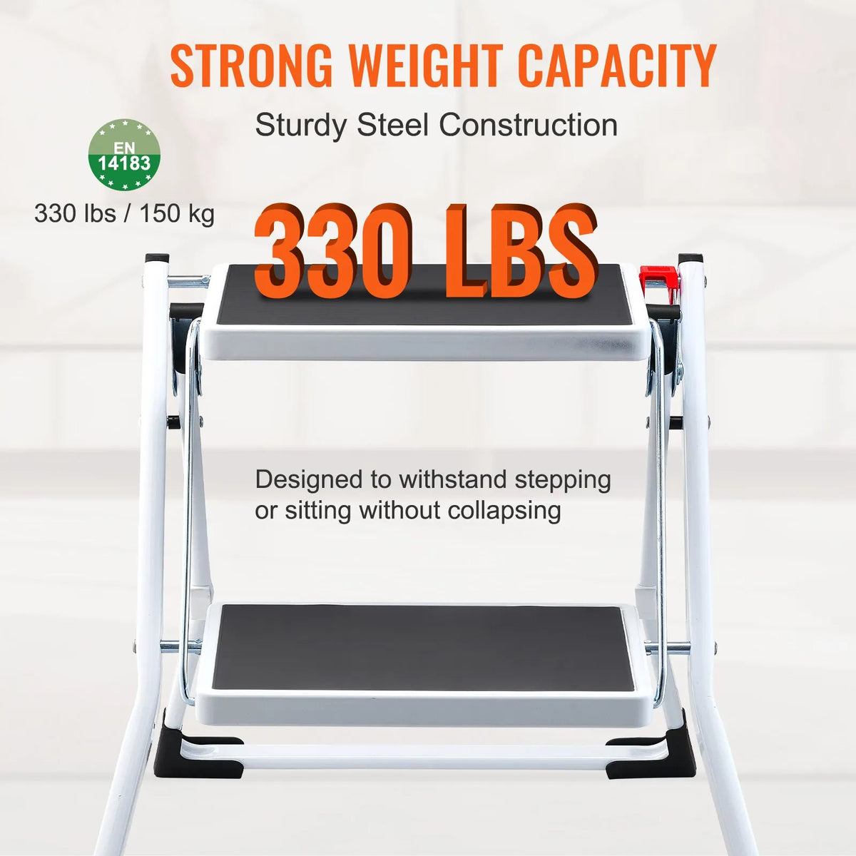 VEVOR 2 pakāpienu saliekamās tērauda kāpnes ar platu neslīdošu pakāpienu, kravnesība 150 kg, ergonomiskas daudzfunkcionālas mājai, virtuvei, birojam un kemperiem - ZEMLETES.LV