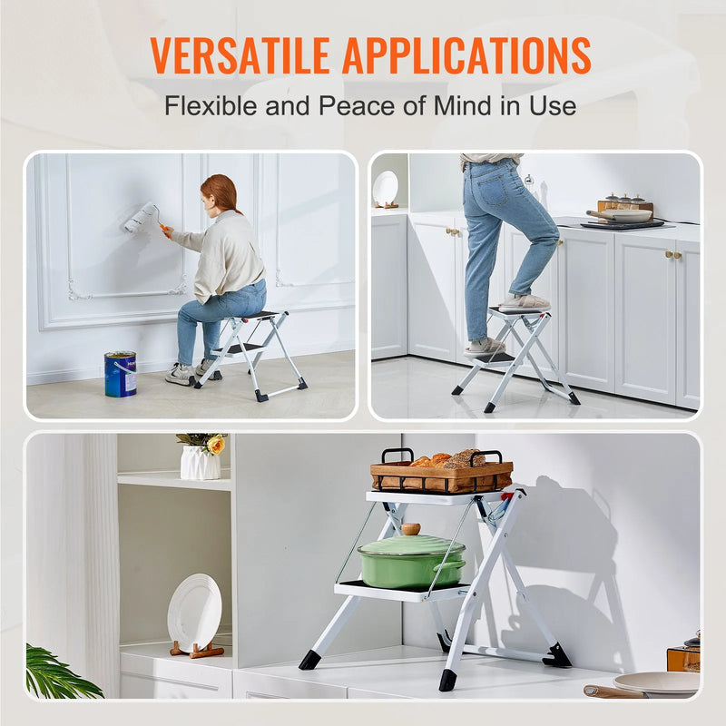 VEVOR 2 pakāpienu saliekamās tērauda kāpnes ar platu neslīdošu pakāpienu, kravnesība 150 kg, ergonomiskas daudzfunkcionālas mājai, virtuvei, birojam un kemperiem - ZEMLETES.LV