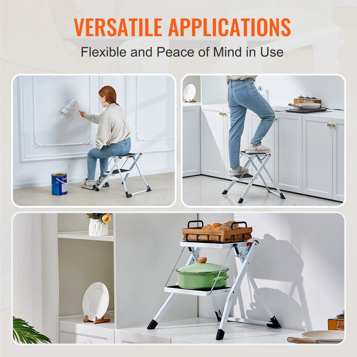 VEVOR 2 pakāpienu saliekamās tērauda kāpnes ar platu neslīdošu pakāpienu, kravnesība 150 kg, ergonomiskas daudzfunkcionālas mājai, virtuvei, birojam un kemperiem - ZEMLETES.LV