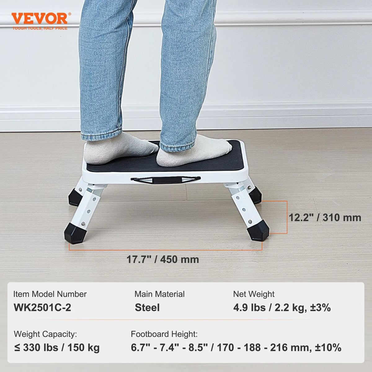 VEVOR Saliekams pakāpiens 1 pakāpiens līdz 150 kg, tērauda kāpslis ar 3 regulējamiem augstumiem, neslīdošs, pieaugušajiem, bērniem, birojam, vannasistabai un guļamistabai - ZEMLETES.LV