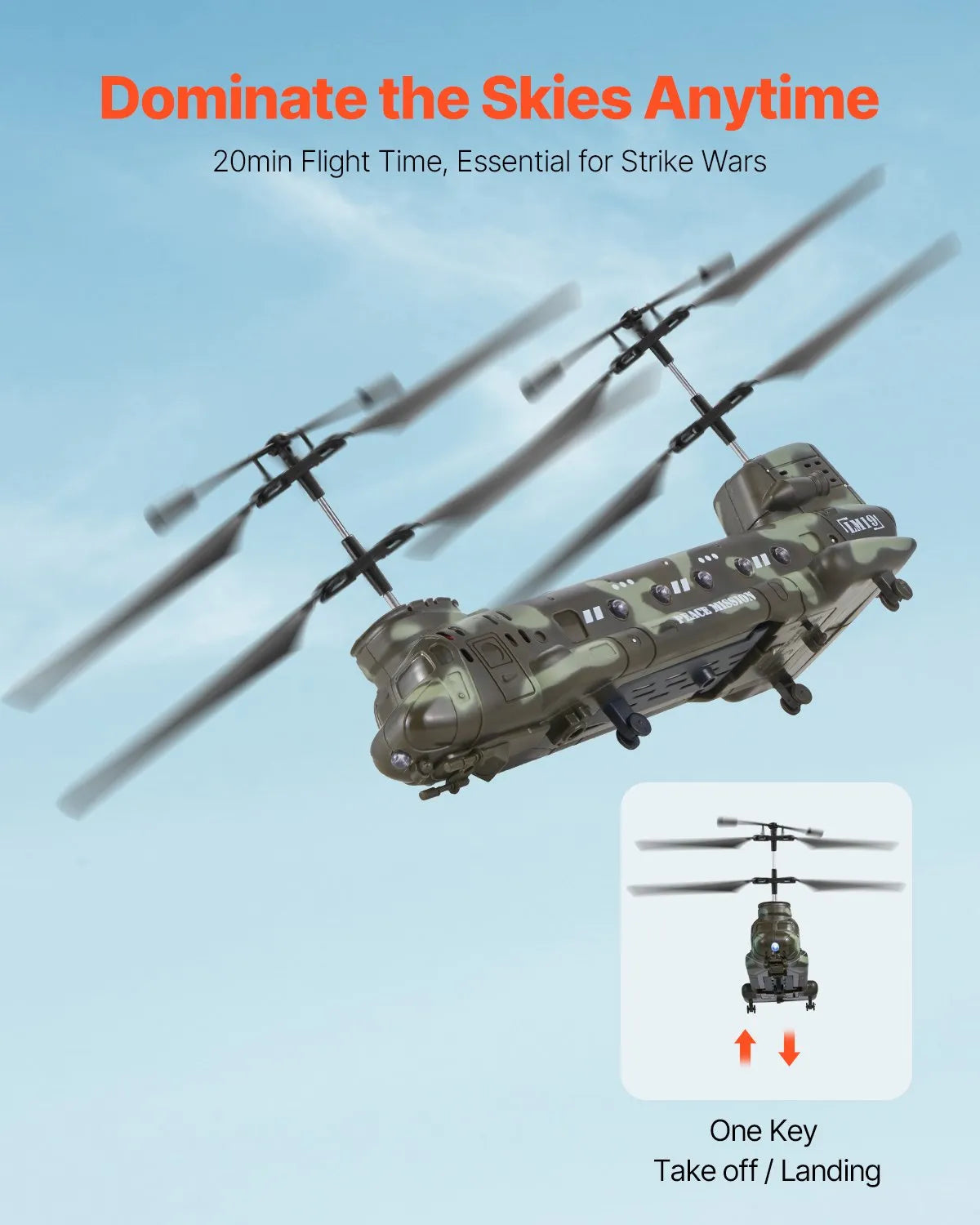 VEVOR RC-sõjaväehelikopter 2,4 GHz 3,5 kanaliga LED-iga, 20 min lend, alates 8 a