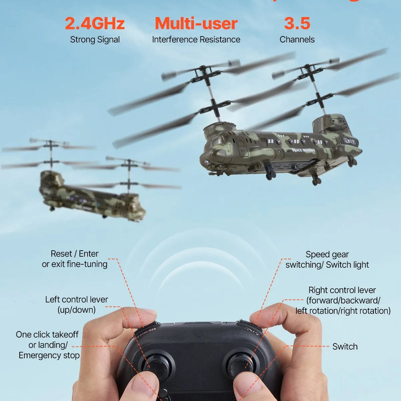 VEVOR RC helikopters, 2,4 GHz militārais tālvadības helikopters, 3,5 kanālu RC lidaparāts bērniem, 20 minūšu lidojuma laiks, viena taustiņa pacelšanās/nosēšanās un LED gaismas, lidojoša rotaļlieta bērniem no 8 gadu vecuma
