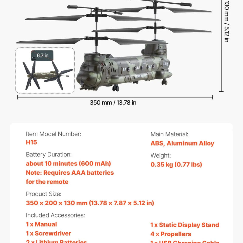 VEVOR RC helikopters, 2,4 GHz militārais tālvadības helikopters, 3,5 kanālu RC lidaparāts bērniem, 20 minūšu lidojuma laiks, viena taustiņa pacelšanās/nosēšanās un LED gaismas, lidojoša rotaļlieta bērniem no 8 gadu vecuma