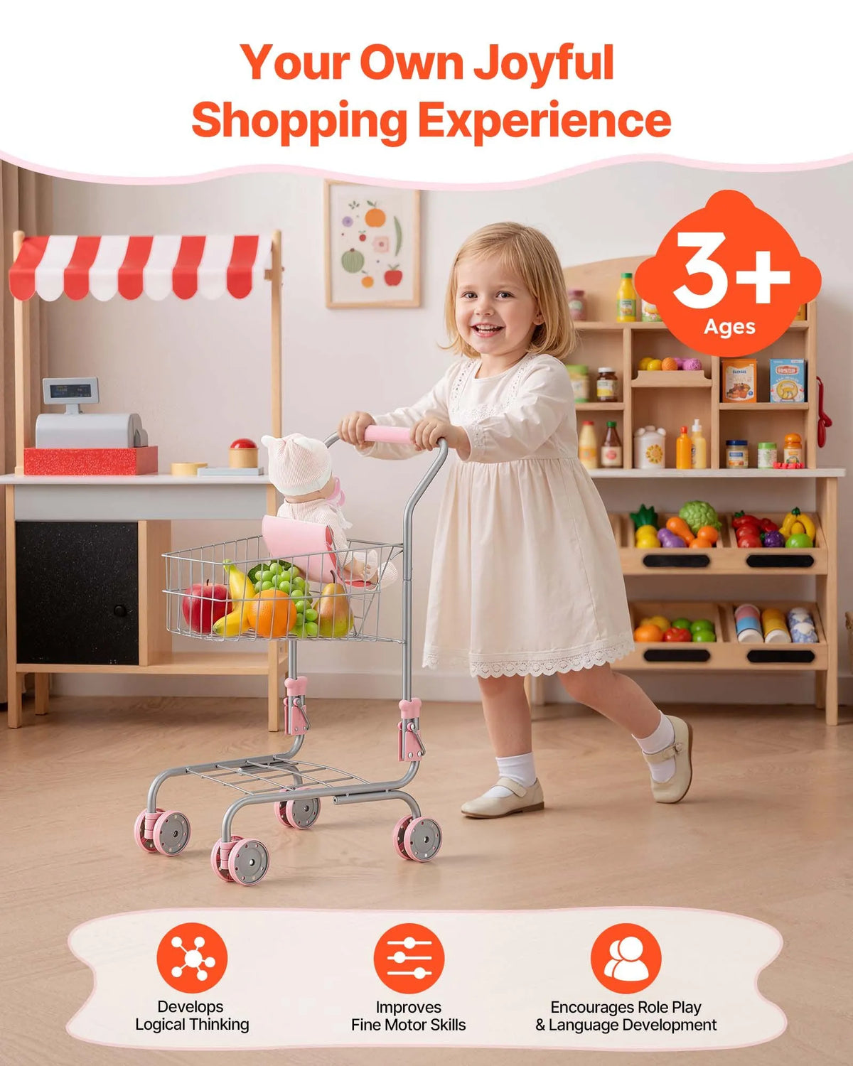 VEVOR Children's Shopping Trolley with Doll and Basket, Metal Frame, Foldable, from 3 Years
