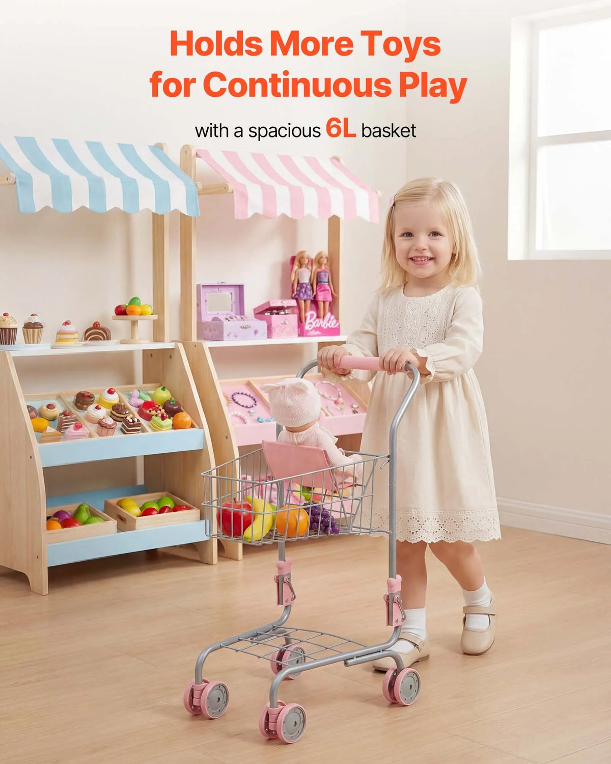VEVOR Children's Shopping Trolley with Doll and Basket, Metal Frame, Foldable, from 3 Years