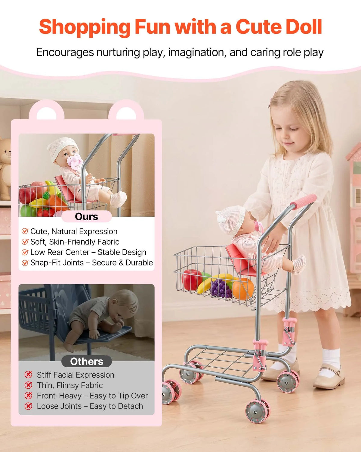 VEVOR Children's Shopping Trolley with Doll and Basket, Metal Frame, Foldable, from 3 Years