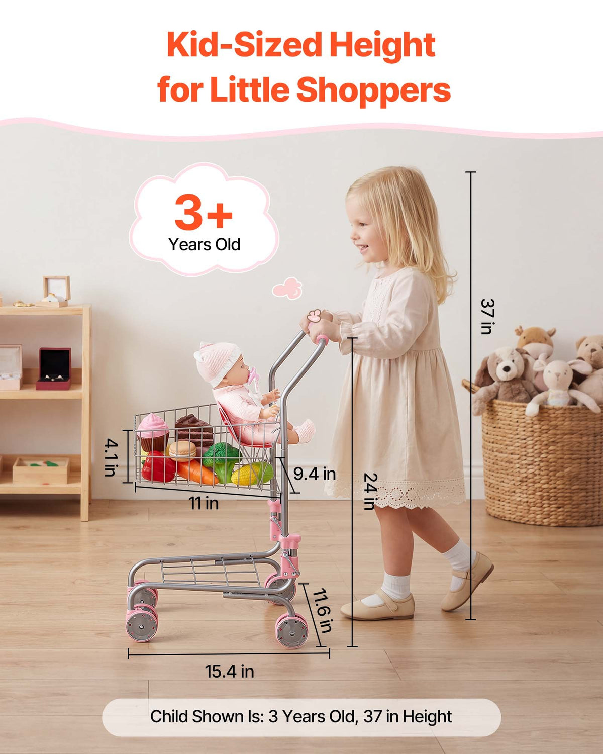 VEVOR Children's Shopping Trolley with Doll and Basket, Metal Frame, Foldable, from 3 Years
