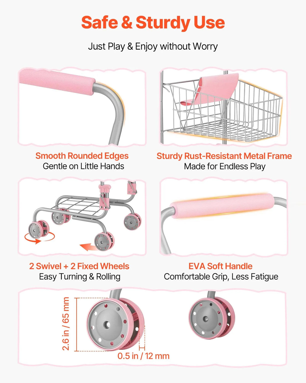 VEVOR Children's Shopping Trolley with Doll and Basket, Metal Frame, Foldable, from 3 Years
